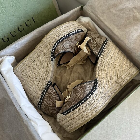 NEW GUCCI Pilar GG Ankle Tie Espadrille Platform Wedge Size 40.5 in Beige/ Brown - Picture 7 of 11